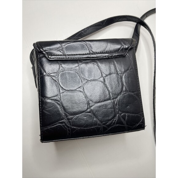 Vintage Black faux Leather Crossbody Purse snap fold over square crocodile print - Picture 6 of 12